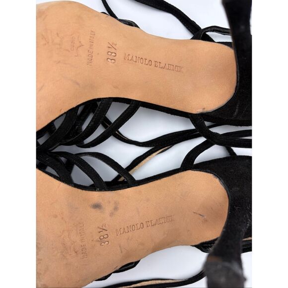 Manolo Blahnik Vintage Lattice Suede Ankle Tie Heels Black Size 38.5 - Picture 10 of 12